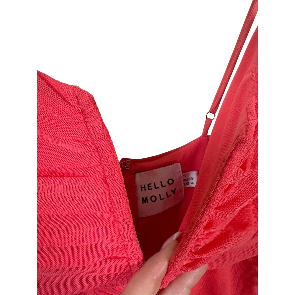 Hello Molly Coral Pink Ruched Mesh V Neck Bodycon Mini Dress Womens US 4 - Picture 5 of 6